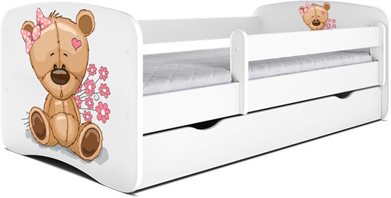 Kocot Kids - Bed babydreams wit teddybeer bloemen met lade met matras 160/80 - Kinderbed - Wit