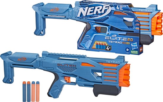 Bovenkant: Blauwe Nerf Elite Tetrad blaster op verpakking. Onderkant: Blauwe Nerf Elite Tetrad blaster met drie oranje darts.