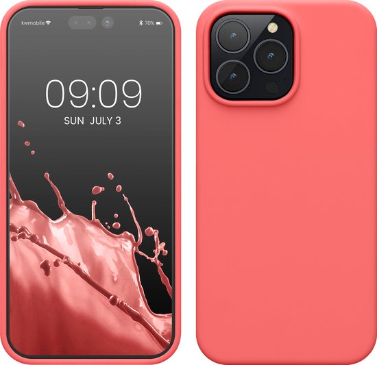 Avant et arrière d'une coque de téléphone corail néon, avec un écran d'iPhone affichant l'heure 09:09.