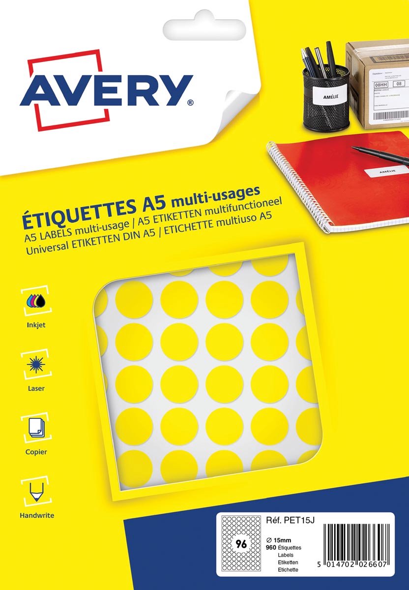 Avery PET15J ronde markeringsetiketten, diameter 15 mm, blister van 960 stuks, geel 5 stuks