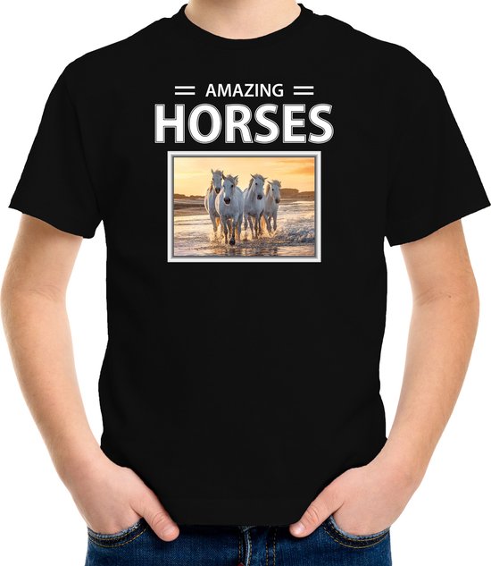 Dieren foto t-shirt wit paard - zwart - kinderen - amazing horses - cadeau shirt witte paarden liefhebber - kinderkleding / kleding 134/140