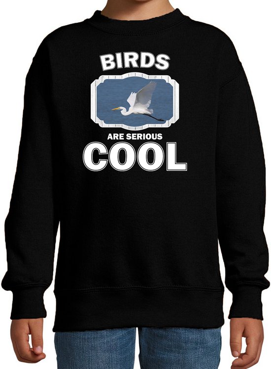 Dieren vogels sweater zwart kinderen - birds are serious cool trui jongens/ meisjes - cadeau grote zilverreiger/ vogels liefhebber - kinderkleding / kleding 122/128