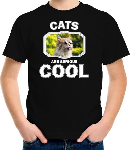 Dieren katten t-shirt zwart kinderen - cats are serious cool shirt  jongens/ meisjes - cadeau shirt gekke poes/ katten liefhebber - kinderkleding / kleding 134/140