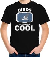 Dieren vogels t-shirt zwart kinderen - birds are serious cool shirt  jongens/ meisjes - cadeau shirt grote zilverreiger/ vogels liefhebber - kinderkleding / kleding 134/140