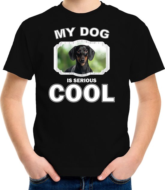 Coole teckel honden t-shirt my dog is serious cool zwart - kinderen - Cool teckels liefhebber cadeau shirt - kinderkleding / kleding 158/164