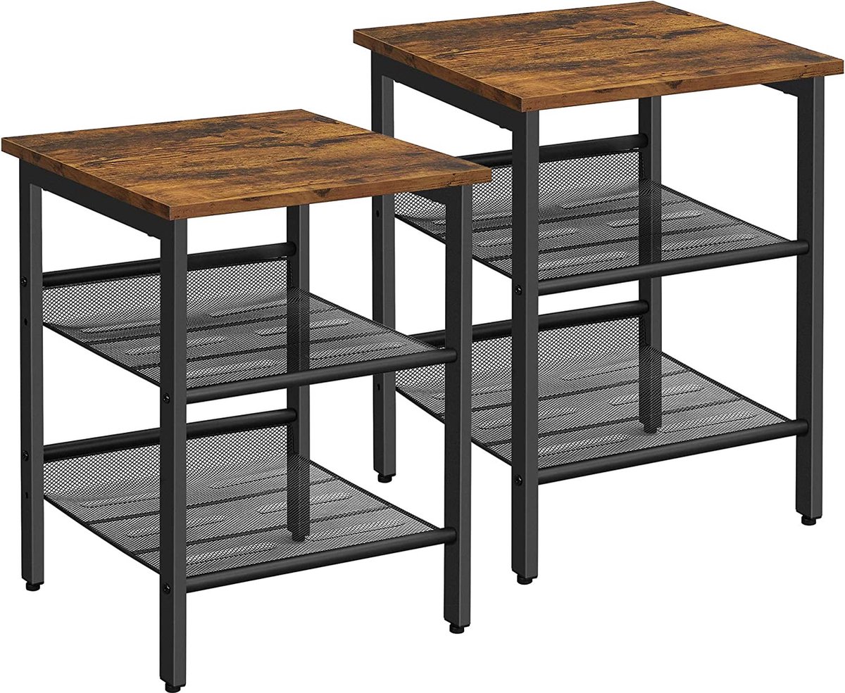 Vasagle nachtkastjes, set van bijzettafels, 40 x 40 x 50 cm, kleine salontafels met verstelbare rasterplanken, woonkamer, slaapkamer, hal, stal, industrieel ontwerp, vintage bruin-zwart let24x vintage bruin + zwart