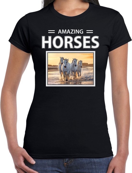 Dieren foto t-shirt wit paard - zwart - dames - amazing horses - cadeau shirt witte paarden liefhebber L