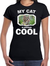 Bruine kat katten t-shirt my cat is serious cool zwart - dames - katten / poezen liefhebber cadeau shirt S