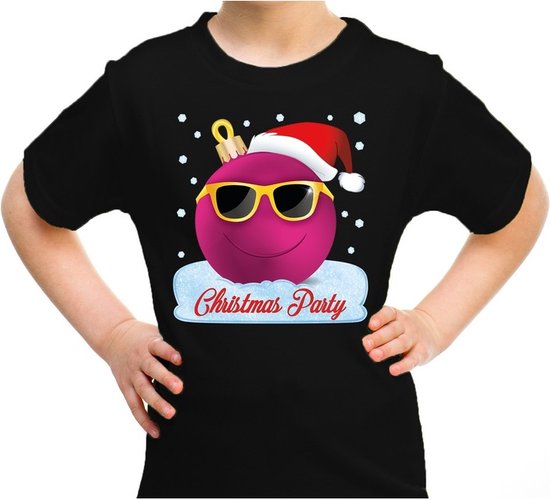 Foute kerst shirt / t-shirt coole roze kerstbal christmas party zwart voor kinderen - kerstkleding / christmas outfit 164/176