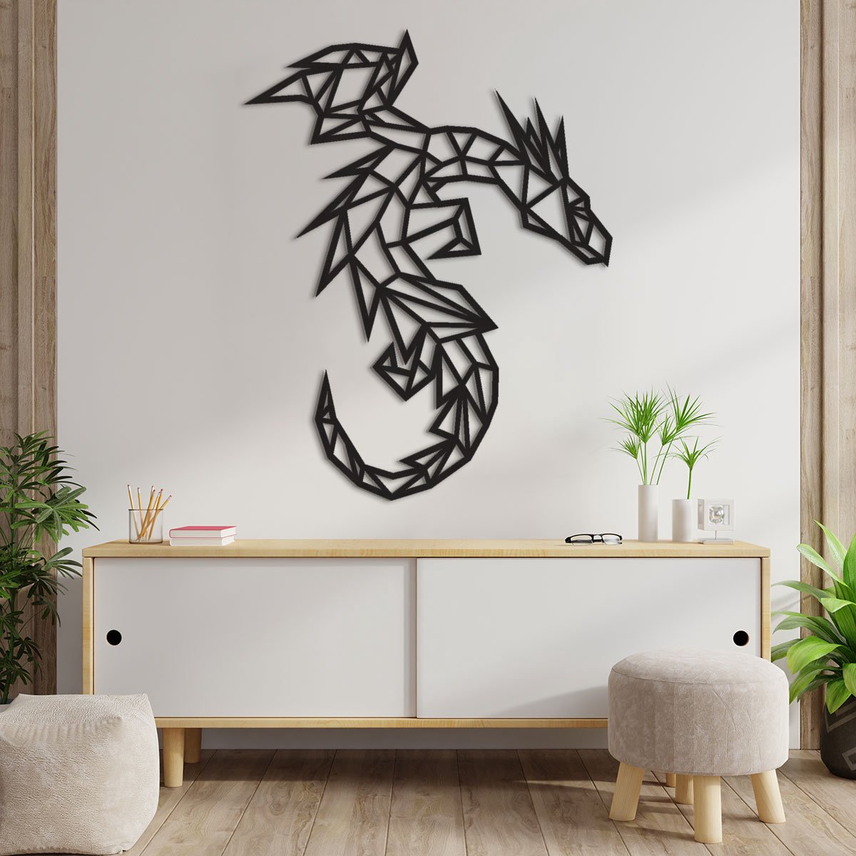 Geometrische Wanddecoratie - Draak - Hout - Wall Art - Muurdecoratie - Zwart - 75.5 x 59 cm