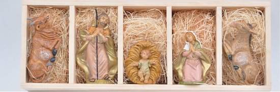 Kerststal/kerstbeelden Jozef, Maria, Jezus, os en de ezel 12 cm