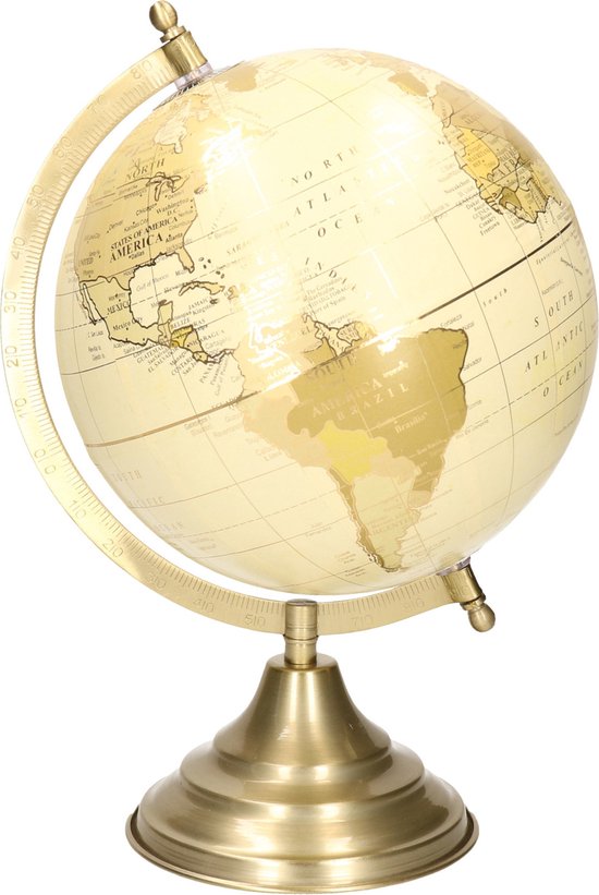 Foto: Decoratie wereldbol globe goud ecru op metalen voet standaard 22 x 34 cm landen contintenten topografie