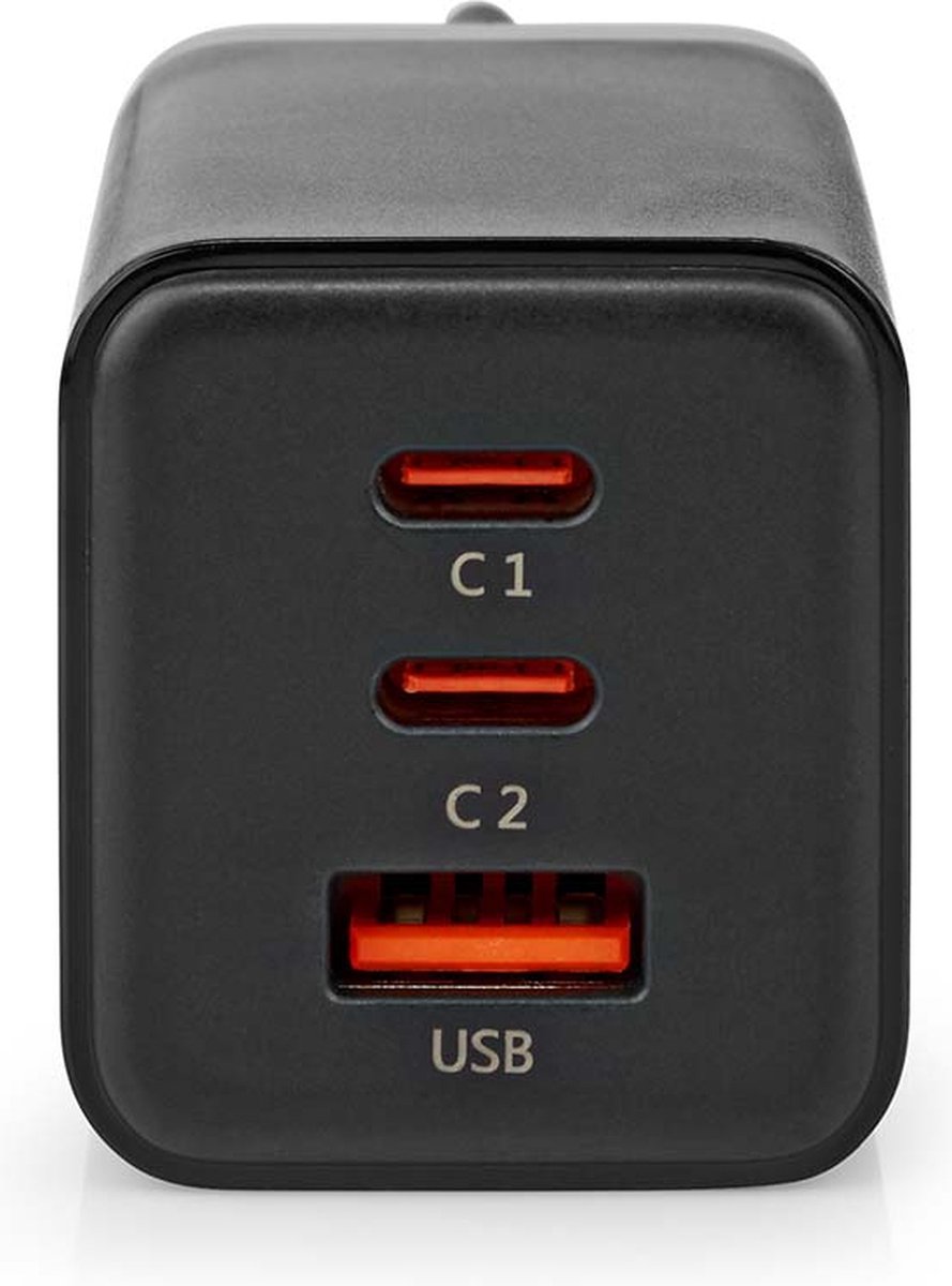 Nedis Oplader – Snellader – 3 Poorten – GaN – USB-A & 2x USB-C – 65W – Zwart