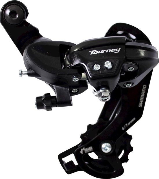 Zwarte Shimano Tourney derailleur met "6/7 SPEED" en "SIS INDEX" opdruk.