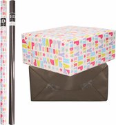 8x Rollen kraft inpakpapier happy birthday pakket - zwart 200 x 70 cm - cadeau/verzendpapier