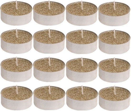 Waxinelichtjes - 16x st - goud glitter - 3,7 cm - theelichtjes - waxinekaarsjes - kersttafel kaarsen