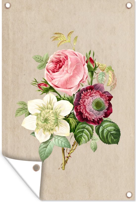 Tuindecoratie Bloemen - Vintage - Antiek - Design - Botanisch - 40x60 cm - Tuinposter - Tuindoek - Buitenposter