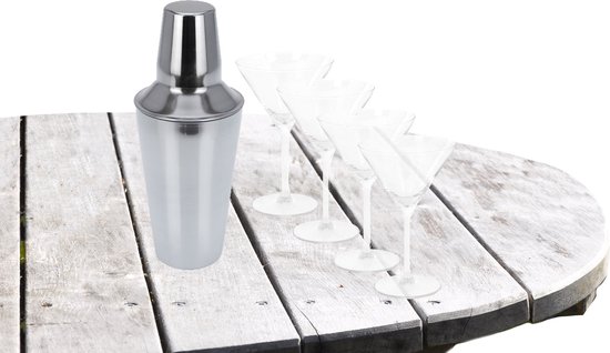 Cocktailshaker zilver 500 ML met 4x Cocktailglazen Martini transparant 260 ML