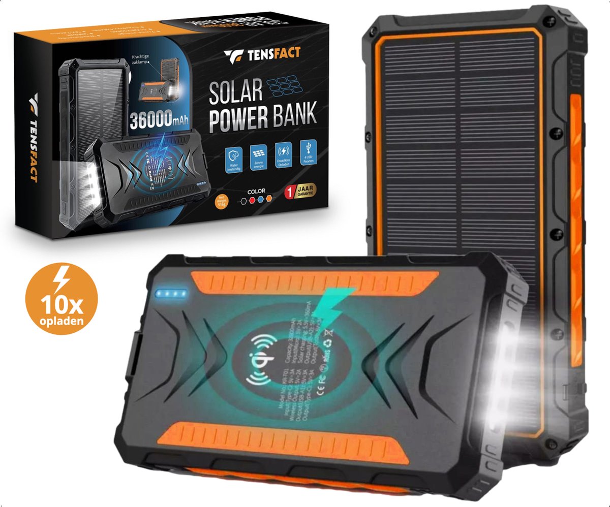 Tensfact® Solar Powerbank 36000 mAh Wireless Charger - Snellader Iphone Samsung - USB & USB-C - Orange