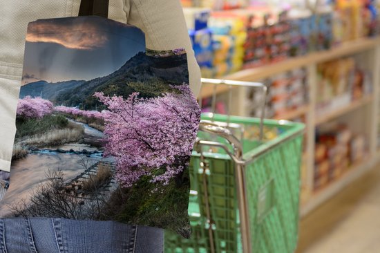 Sac Bandoulière - Sac Plage - Shopper Cerisier - Montagnes - Printemps - 40x40 cm - Sac Coton