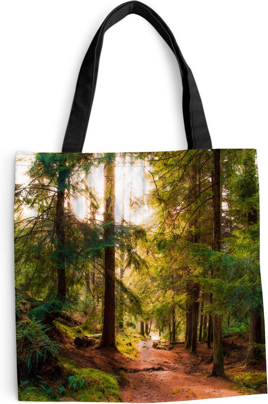 MuchoWow® Sac bandoulière - Sac de plage - Big Shopper - Sac shopping - Forêt - Chemin - Arbres - Vert - Soleil - Nature - 40x40 cm - Sac en coton