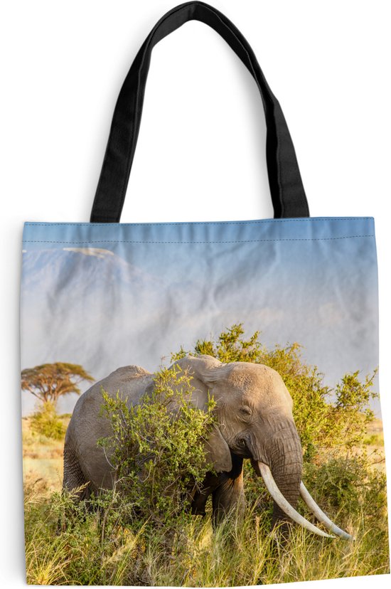 MuchoWow® Schoudertas - Strandtas - Big Shopper - Boodschappentas - Olifant - Dieren - Gras - Groen - Berg - 40x40 cm - Katoenen tas