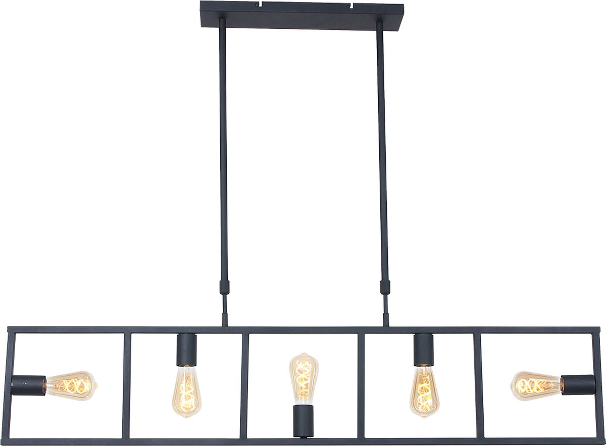 Hanglamp Racky | 5 lichts | zwart | metaal | in hoogte verstelbaar tot 115 cm | 125 cm breed | eetkamer / eettafel lamp | modern / sfeervol design