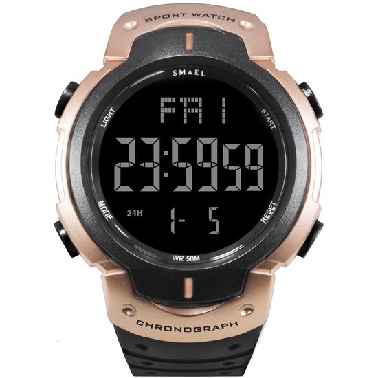 Digitaal Shockbestendig Heren Horloge Zwart met Rosé goudkleur | Smael | 0915 | Waterdicht | Glow in dark | Mud Master | Leger ARMY | Licht | Rubberen band | Timer | Eyecatcher | Master|