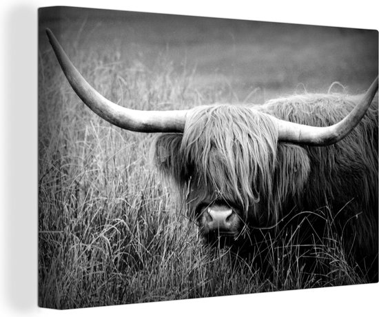 Tableau sur toile Highlander écossais parmi les herbes - noir et blanc - 140x90 cm - Décoration murale
