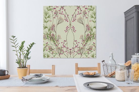 Canvas Schilderij Groen - Pastel - Bladeren - Bloemen - 90x90 cm - Wanddecoratie