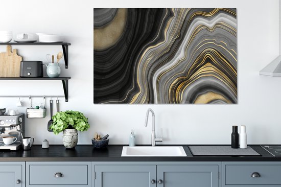 Toile Peinture Marbre - Pierre - Agate - Noir et Or - 140x90 cm - Décoration murale