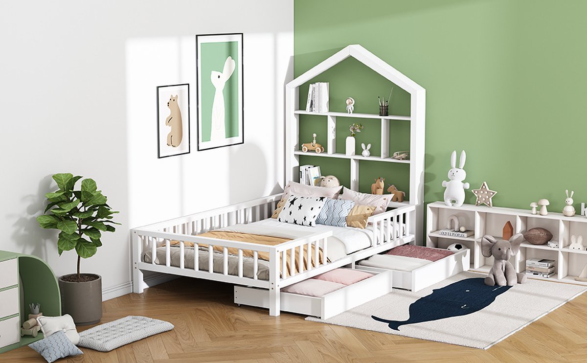 Huisbed kinderbed 200x90 cm - multifunctioneel bed met boekenplank met  valbeveiliging... | bol