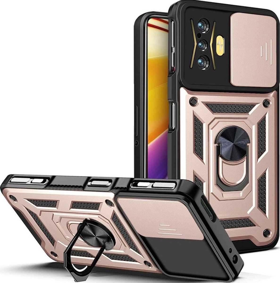 Mobigear Hoesje geschikt voor POCO F4 GT Telefoonhoesje Hardcase | Mobigear Armor Ring Cam Slide Backcover Shockproof met Ringhouder en Camera Slider | Schokbestendig F4 GT Telefoonhoesje | Anti Shock Proof - Roségoud