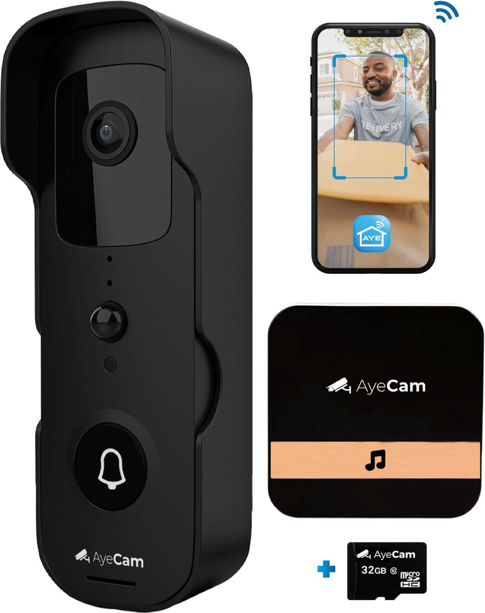 Draadloze Video Deurbel AyeCam - Met app - Nachtvisie - Bewegingsdetectie - Deurbelset - Incl 32 GB SD & Chime
