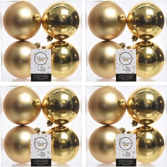 Set de 16 boules de Noël dorées Decoris (10 cm), mates et brillantes, en plastique incassable, emballage transparent.