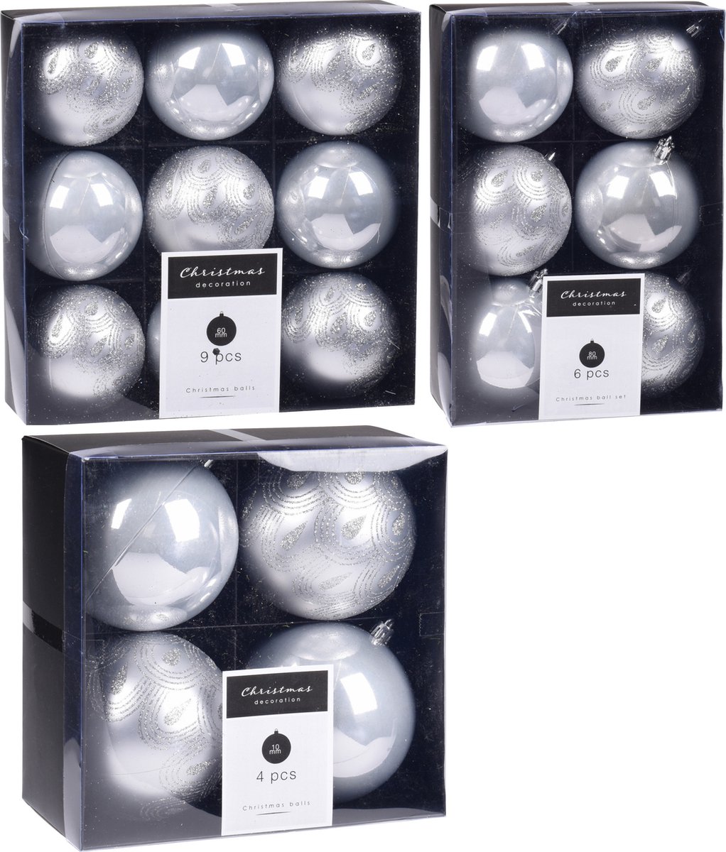 Kerstversiering kunststof kerstballen zilver 6-8-10 cm pakket van 19x stuks - Kerstboomversiering - Luxe finish motief