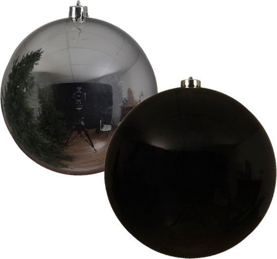 2x morceaux de grandes boules de Noël 20 cm brillant en plastique noir et argent - Décorations de Noël