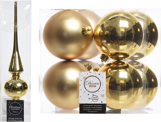 Pointe de sapin dorée et quatre boules de Noël de 10 cm dans un emballage transparent, avec étiquette Decoris.