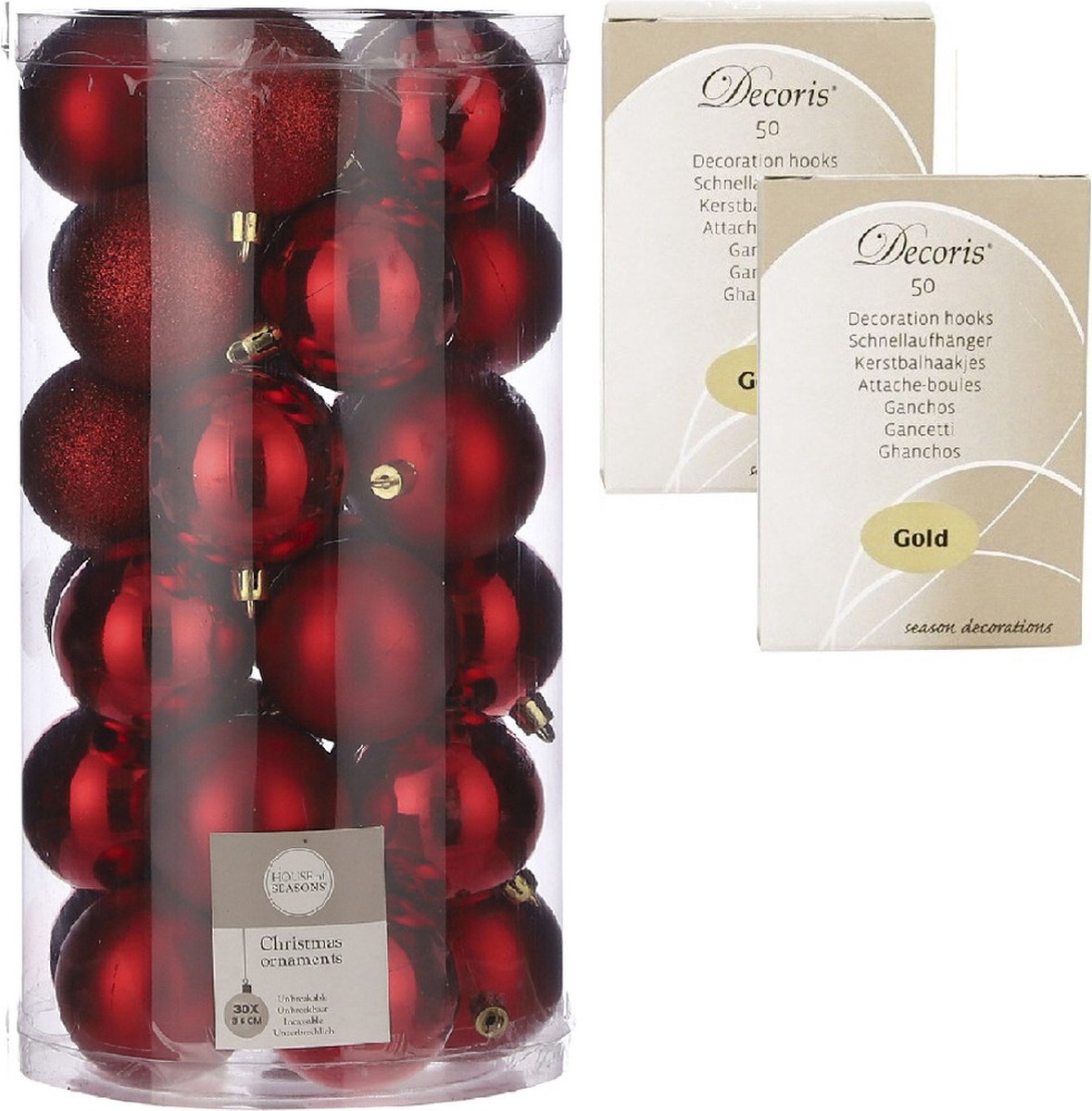 30x stuks kunststof kerstballen rood 6 cm inclusief kerstbalhaakjes - Kerstversiering onbreekbare kerstballen