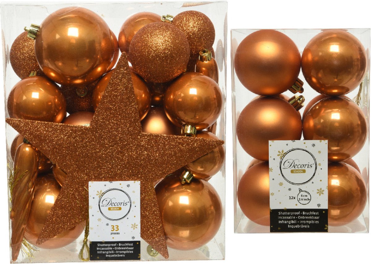 Kerstversiering kunststof kerstballen cognac bruin 5-6-8 cm pakket van 45x stuks - Met kunststof ster piek van 19 cm
