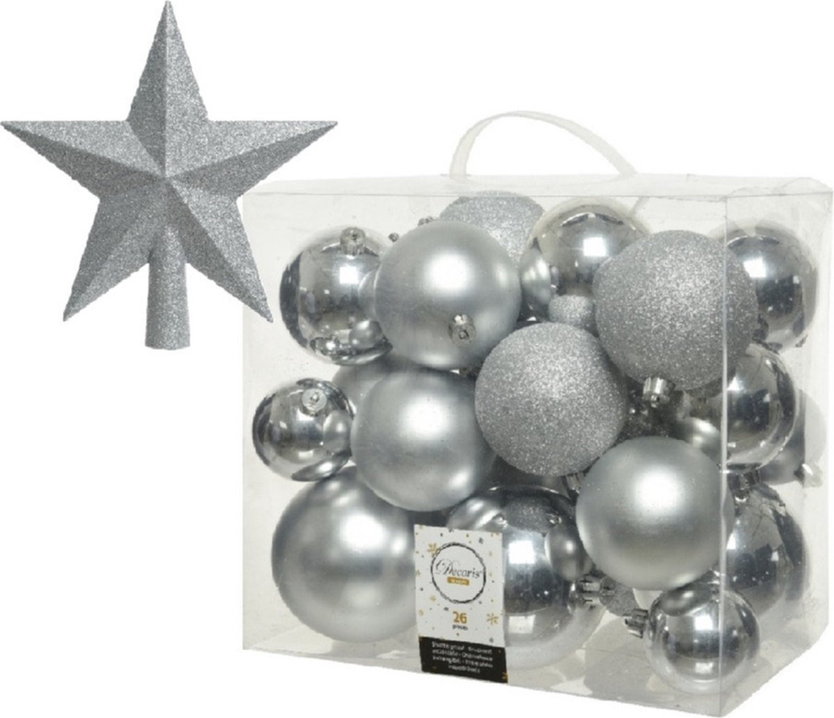 Kerstversiering kunststof kerstballen zilver 6-8-10 cm pakket van 27x stuks - Met kunststof ster piek van 19 cm