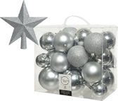 Décorations de Noël de Noël boules de Noël en plastique argent 6-8-10 cm paquet de 27x pièces - Avec pic étoile en plastique de 19 cm