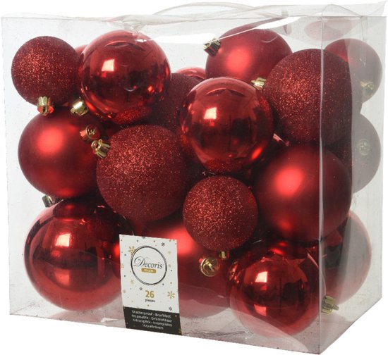 Décorations de Noël de Noël boules de Noël en plastique 6-8-10 cm avec étoiles guirlandes en aluminium paquet rouge de 28x pièces - Décorations Décorations pour sapins de Noël