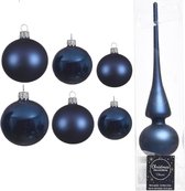 Groot pakket glazen kerstballen donkerblauw glans/mat 50x stuks - 4-6-8 cm incl piek mat 26 cm