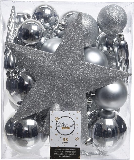 Décorations de Noël de Noël Boules de Noël en plastique 5-6-8 cm avec pic étoile et guirlandes à paillettes paquet argent de 35x pièces - Décorations Décorations pour sapins de Noël
