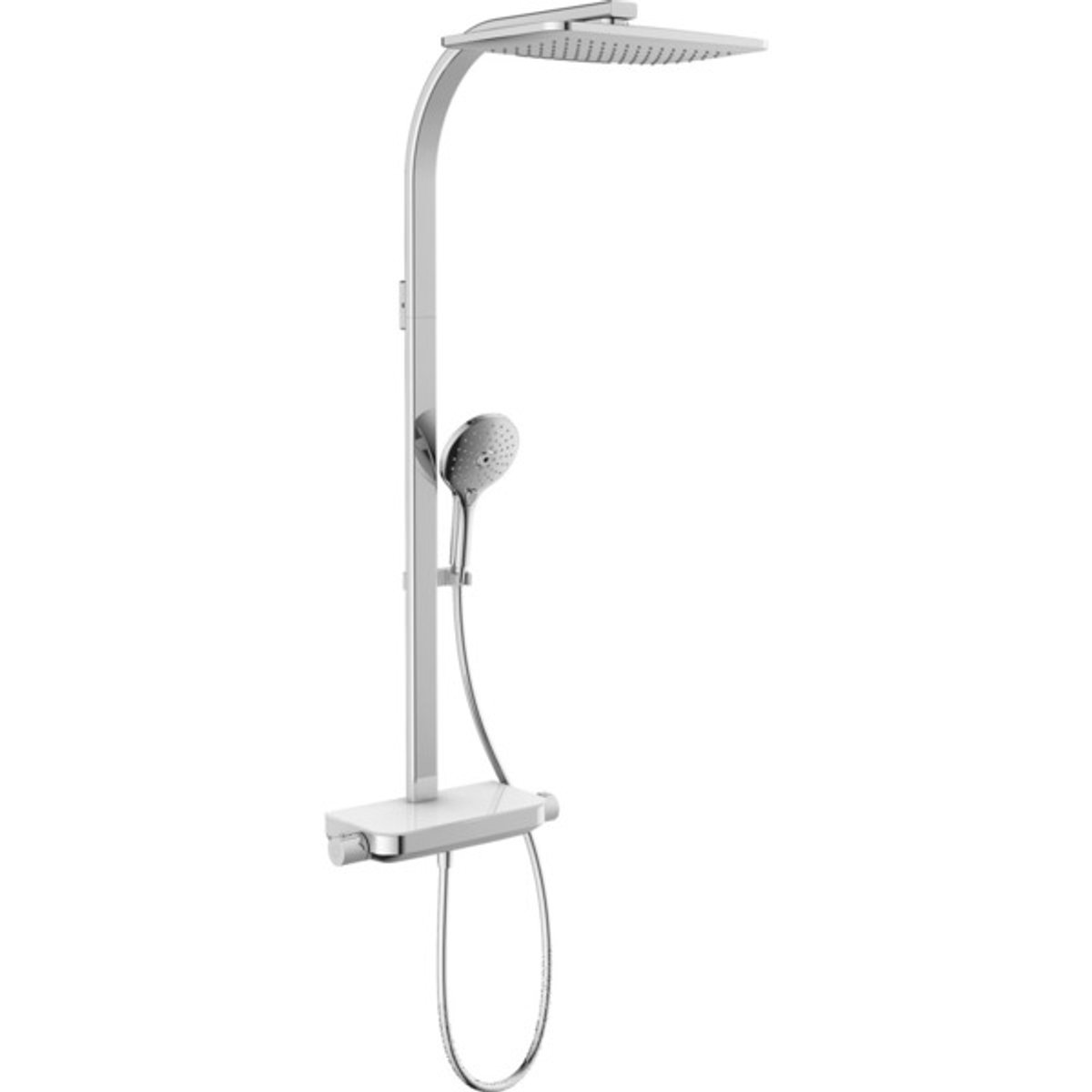 Nemo Go Brave douchesysteem vierkant soft regendouche handdouche thermostatische kraan witte glazen tablet chroom look