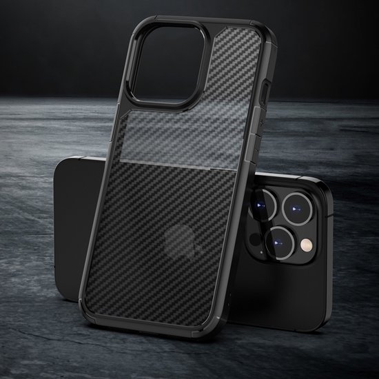 geschikt voor iPhone 14 Plus Hoesje met Carbon Look - Shockproof Valbescherming - Schokbestendige case geschikt voor iPhone 14 Plus - Tough Carbon Grid geschikt voor iPhone 14 Plus Hoesje zwart
