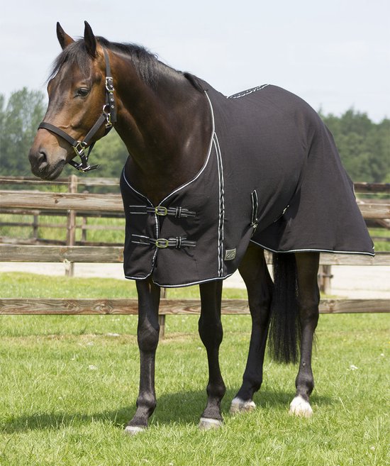 Zwarte QHP fleece deken met dubbele gespsluiting op de borst op een bruin paard in een weiland.