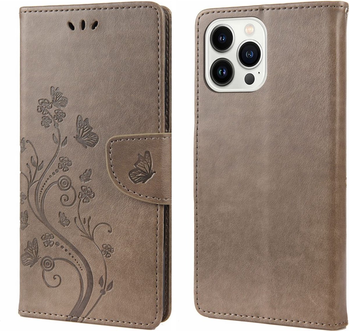Mobigear Telefoonhoesje geschikt voor Apple iPhone 14 Pro Max Hoesje | Mobigear Flowers Bookcase Portemonnee | Pasjeshouder voor 3 Pasjes | Telefoonhoesje voor Pinpas / OV Kaart / Rijbewijs - Grijs