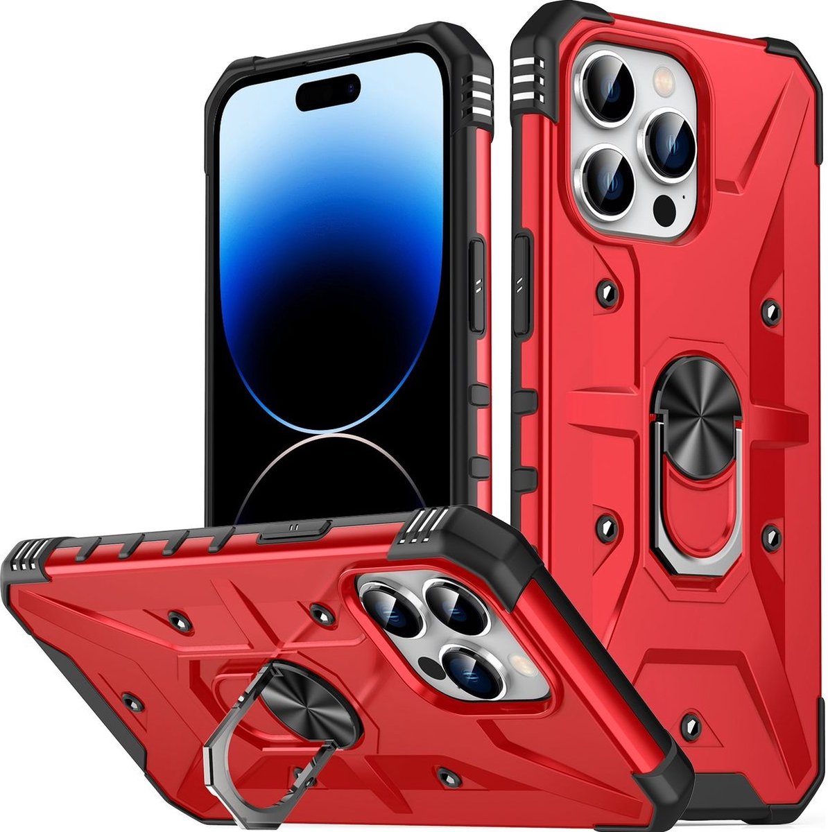 Mobigear Hoesje geschikt voor Apple iPhone 14 Pro Max Telefoonhoesje Hardcase | Mobigear Armor Ring Backcover Shockproof met Ringhouder | Schokbestendig iPhone 14 Pro Max Telefoonhoesje | Anti Shock Proof - Rood